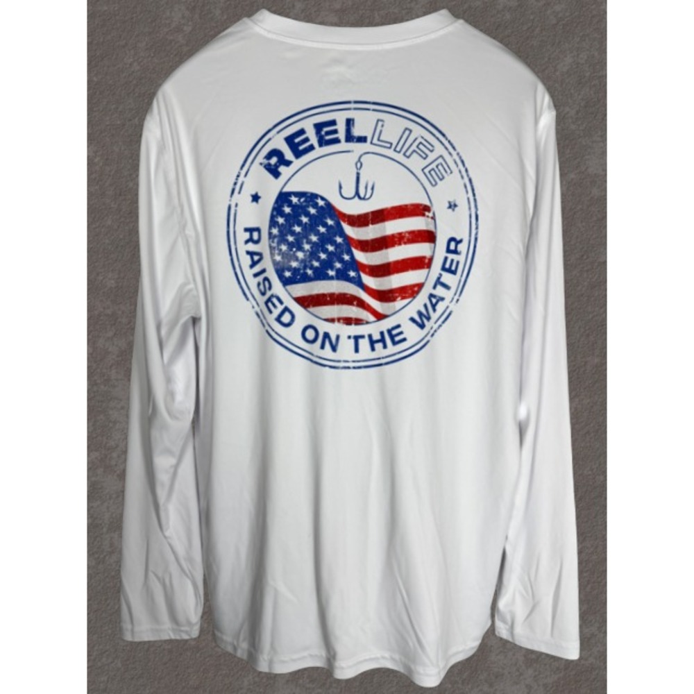 Reel Life Fishing Performance Shirt Men's L White Long Sleeve American Flag